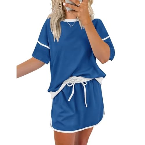 Rapbin Women's 2 Piece Sets Summer Casual Short Sleeve Tops Matching Drawstring Mini Skirt Going Out Lounge Outfits Blue White Large