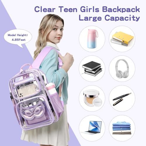 Image of Clear Backpack Heavy Duty For Stadiums Events,16in Large TPU Girls BookBag | Large capacity See Through Plastic backpack Stitch Durable Design 6-Pocket For School Girl Adults work Airport Quick Security