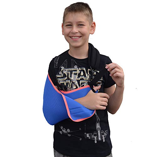 Soporte pediátrico para el hombro del brazo del brazo, Aprobado médicamente, fresco, Ajuste/tamaño fácil, Pulgar, Etiqueta adhesiva de curación feliz. Unisexo. (10-11 años, Azul/Coral)
