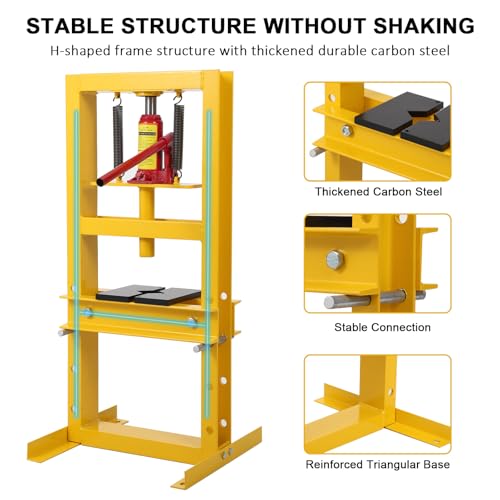 Hydraulic Press 6 Ton Hydraulic Shop Press, H-Frame Garage Floor Benchtop Press Adjustable Shop Press with Plates, Adjustable Working Table Height, for Gears and Bearings, Yellow