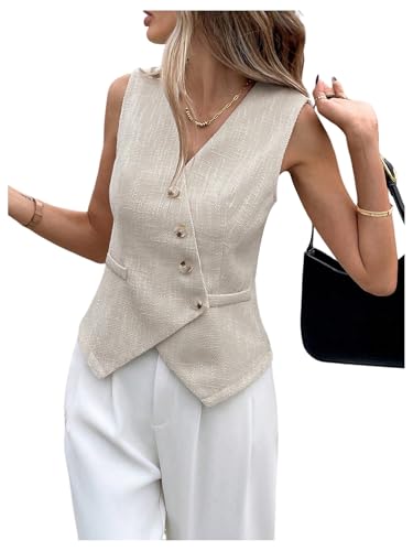 OYOANGLE Women's Suit Vest Top Button Front V Neck Work Dressy Sleeveless Blazer Jacket Waistcoat Apricot Small