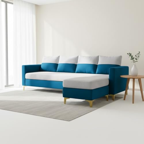 Image of FURNY Canvora 5 Seater L Shape Sofa Set with Movable Ottoman | Flexible Left or Right Layout | Plush Velvet Fabric (Light Grey-Aqua Blue) | Perfect for Living Room, Guest Room & Office