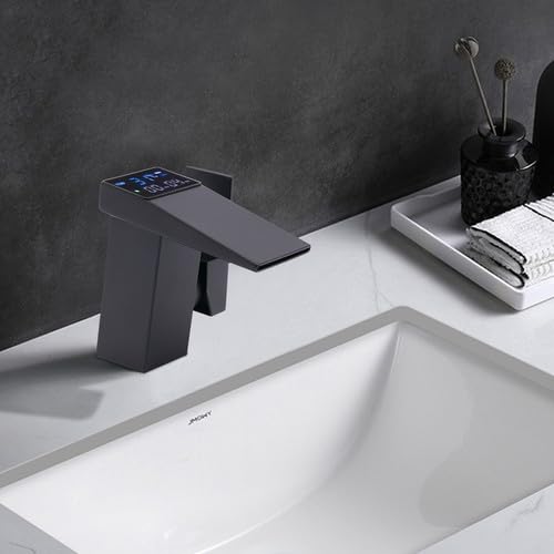G3/8 Robinet de Lavabo Salle de Bain/Cuisine Robinet Hydroélectrique Noir Écran LED Salle de Bain Cascade Lavabo Mitigeur pour Maisons, Cuisines, Salle de...