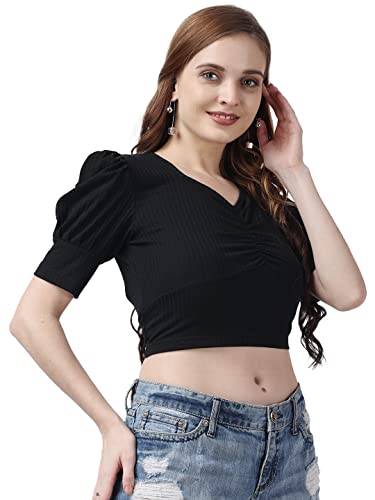Image of POPWINGS Solid Ribbed Slim Fit Crop Tops for Women | Polycotton Stylish Western 3 /4 Puff Sleeves Casual and Summer Crop Tops for Women
