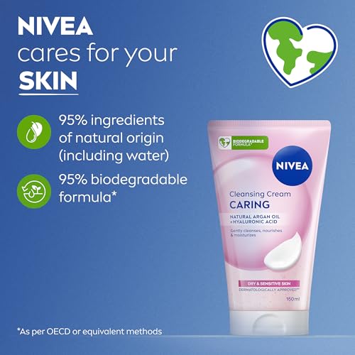 NIVEA Caring Cleansing Cream(150ml), Gentle Face Cleanser for Smooth, Healthy Complexion, Face Wash for Dry and Sensitive Skin