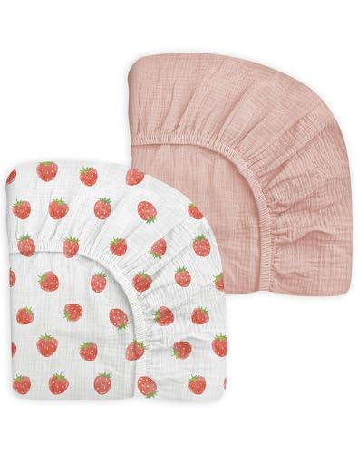 Image of Crib Sheets for Baby Boy Girl 2 Pack, Fitted Crib Mattress Sheet 28" x 52", Muslin Toddler Bedding with Neutral Style, Nursery Bedding Essentials (Strawberry & Pale Pink)