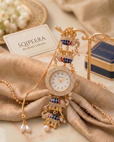 Image of Kashmiri Watch for Women | Gold Tone Round Dial | Crystal Studded Floral Design | Adjustable Chain Traditional Ethnic Jewellery Gift