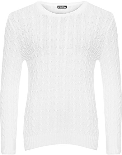 WearAll Women's Cable Knit Long Sleeve Top Ladies Jumper Sweater - White - 12-14