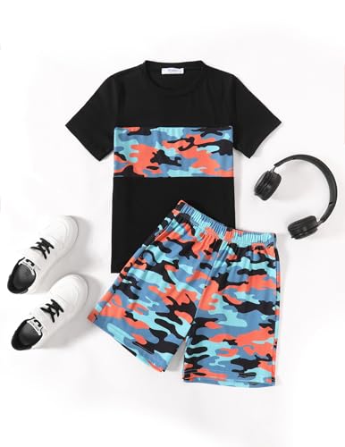 Image of Arshiner Boys' 2-Piece Cotton Outfit Color Block T-Shirt and Shorts Set Summer Camo Clothes for Kids 5-14 Years