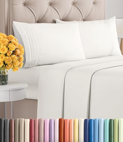 Image of Queen Size 4 Piece Sheet Set - Ultra Soft & Cooling Sheets - Antique White | Fits 8 Inch to 16 inch Mattress, Wrinkle Free & Fade Resistant with Deep Pockets, Breathable, Comfy Hotel Luxury Bedding