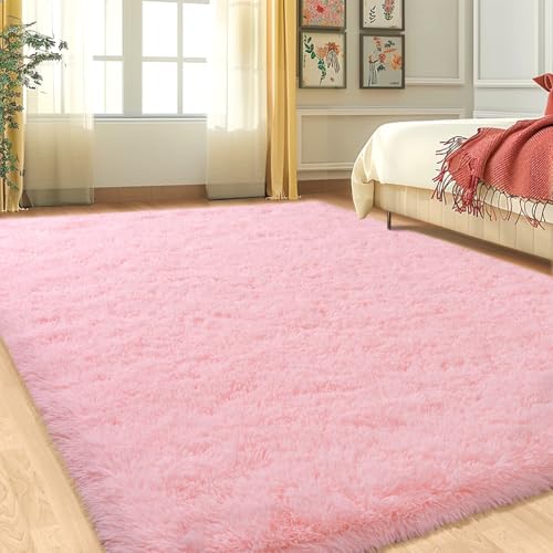 Large Shag Rugs 6 x 9, Pink Area Rug for Girls Kids Living Room Bedroom, Soft Fluffy Fuzzy Plush Carpet, Anti-Skid Shaggy Rug for Home Decor Aesthetic