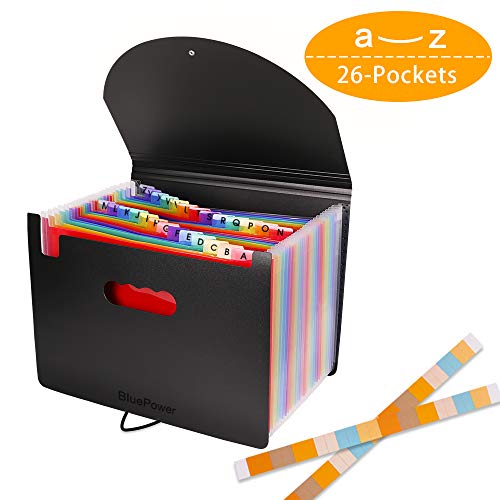 Carpeta Clasificadora 26 Bolsillos,BluePower Organizador Papeles Documentos,Gran Capacidad Acordeon A4 Carpetas Clasificador,Extensible Maletin Separadores Archivadora con 3 A-Z Etiquetas del alfabeto