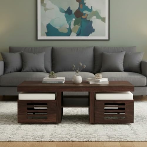 Image of Solid Sheesham Wood Coffee Table for Living Room Wooden Rectangle Coffee /Tea Table with 2 Cushioned Stools Center table with Storage Teapoye for Home, Living Room, Balcony, Natural Walnut