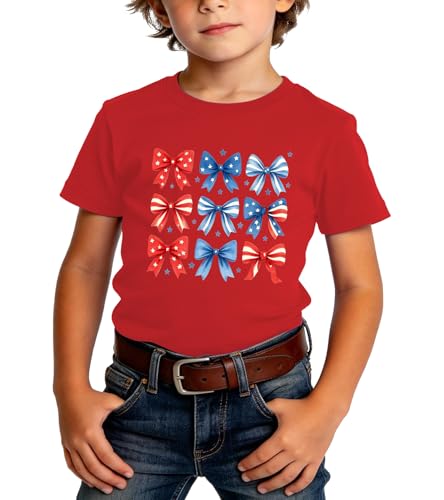 4th of July Bow Flag Shirt Kid-Cute Bow Girl Tee Tops 250 Years America Boy Tops Patriotic Toddler Short Sleeve