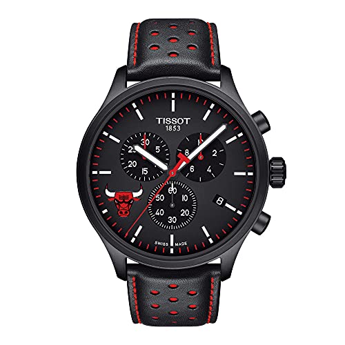 Tissot Men's Chrono XL NBA Teams Special Chicago Bulls Edition 316L Stainless Steel case with Black PVD Coating Swiss Quartz Watch with Leather Strap, Red, 22 (Model: T1166173605100)