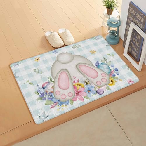Easter Rabbits Butt Kitchen Bath Door Mat Cushioned Runner Rug,Washable Welcome Floor Sink Antifatigue Mat,Waterproof & Non-Slip Comfort Standing Doormat,Botanical Spring Summer Herb Plaid 24