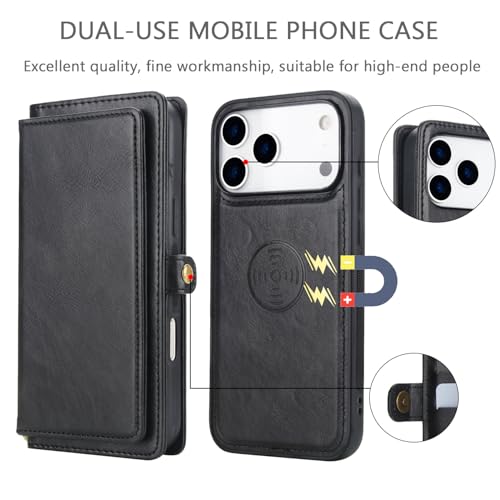 Étui en cuir pour iPhone 17 Pro de haute qualité avec coque magnétique détachable noire
