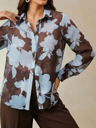 Womens Summer Blouses Dressy Casual 2026 Floral Blouse Long Sleeve Button Down Shirt V Neck Sheer Chiffon Tops Blue — view 5