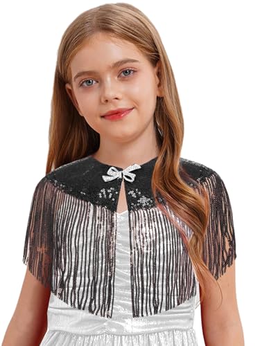 JEYPINMI Girls Sparkly Sequin Shawl Wrap Princess Tassels Shoulder Cape Kids Bowknot Bolero Shrug Cardigan
