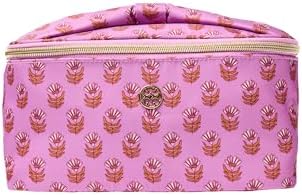 Mary Square Kiss and Make Up Bag - Pink Floral Block Print Small Cosmetic Pouch and Beauty Organizer with Bow Carry Handle - 9 x 2.5 x 3 Compact Travel Makeup Case with Gold Hardware image 4