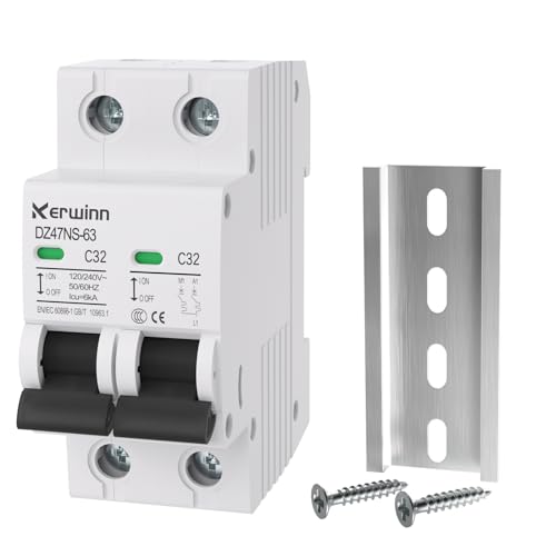KERWINN Single-Side Interlock Circuit Breaker Manual Transfer Switch 120V/240V AC Transfer Switch 2Pole 32Amp RV Transfer Switch DIN Rail Mount for RV,Generator,Dual Power Systems (32A)