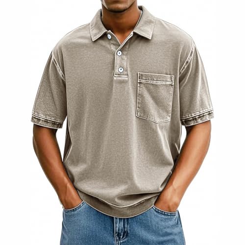 Polo Casual para Hombre Manga Corta con Cuello Clásico y Bolsillo, Estilo Desgastado y Lavado, Elegante para Golf y Verano