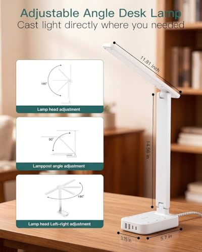 Image of Addtam LED Desk Lamp, Power Strip with 3 Outlets 4 USB Charging Ports(2 USBC), 4 Modes 5 Level Brightness Touch Lamp, Small Desk Lamp for Home Office College Dorm Room Essentials, White