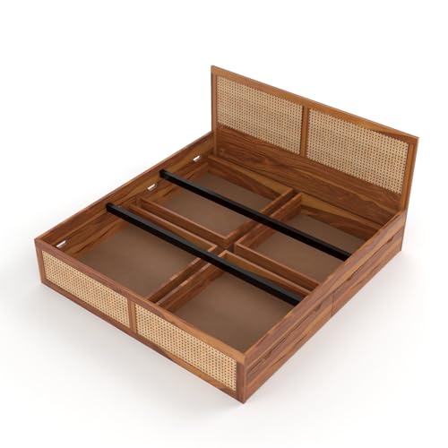 Image of Sheesham Wood Cane Bed with Drawer Storage for Bedroom | Queen Size Wooden Double Bed Palang with Rattan Headboard & Footboard (Honey Finish)