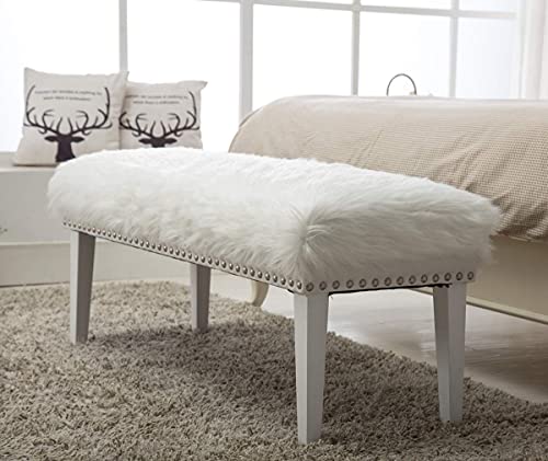 Awonde White Faux Fur Long Bench Upholstered Bed Bench For Bedroom Living Room Entryway Ottoman Bench With Wood Legs #TOP1