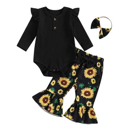 PUHHAPIEY Newborn Baby Girl Clothes Ruffle Ribbed Knit Romper + Flare Pants + Headband Set for 0 3 6 9 12 18 Months Girls (Black, 3-6 Months)