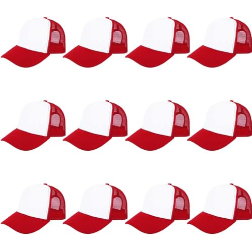 ZH 12 Pcs Sublimation Trucker Hats Blank Mesh Baseball Cap Polyester Bulk Mesh Trucker Hat for Men and Women Red