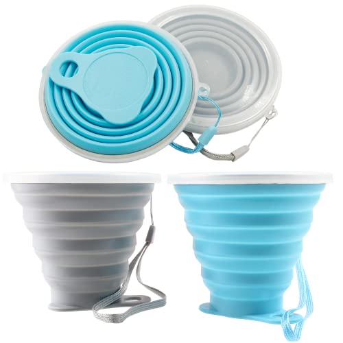 Litoexpe 2 Pack Silicone Collapsible Travel Cup Portable Folding Camping Cup Sets with Lids, Grey & Blue