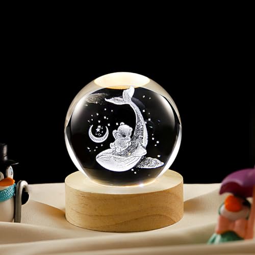 Image of 3D Whale Crystal Ball Lamp with Dimmable LED and Wooden Base, Night Light for Kids Teens Adults, Home Desk Office Bedroom Decor, Birthday Gift (2.4 inch / 6cm)