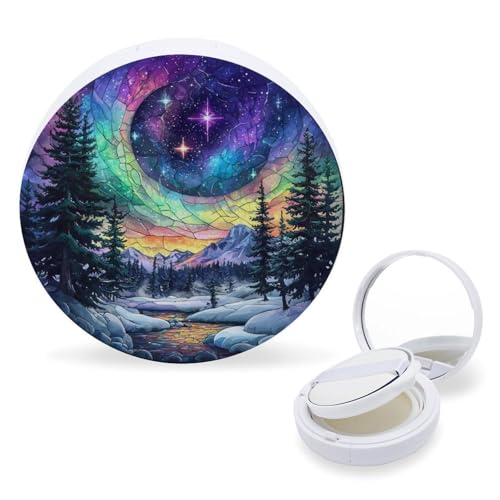Hayyett Northen Night Stained Glass Air Cushion Puff Box Portable Cosmetic Makeup Case Container,Loose Powder Foundation Container