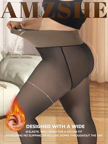 Image of Plus Size Fleece Lined Tights Women, Control Top Thermal Tights for Women, Fake Translucent Winter Warm Tights