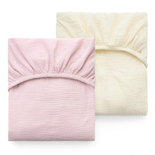 Image of Momcozy Muslin Standard Fitted Crib Sheets, 52"x28", 2 Pack Soft Breathable Natural Cotton Baby Mattress Sheet, 360° Mattress Wrapping No Slip Boys Girls Neutral Toddler Bed Sheet, Beige Blush