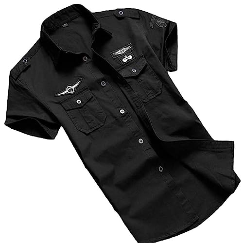 Photo de USTZFTBCL Chemise militaire décontractée en coton à manches courtes, rétro vintage, broderie noire, Black Military Shir, L