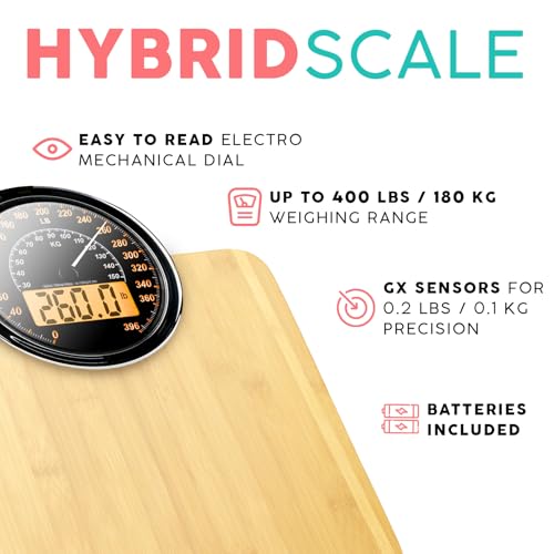 Adamson Hybrid 2-in-1 Analog & Digital Weighing Scale for Body Weight up to 400lbs + Thick Tempered Glass + Extra Large Display + Easy to Read Digital Bathroom Scale + New - Wood - Thumbnail 2