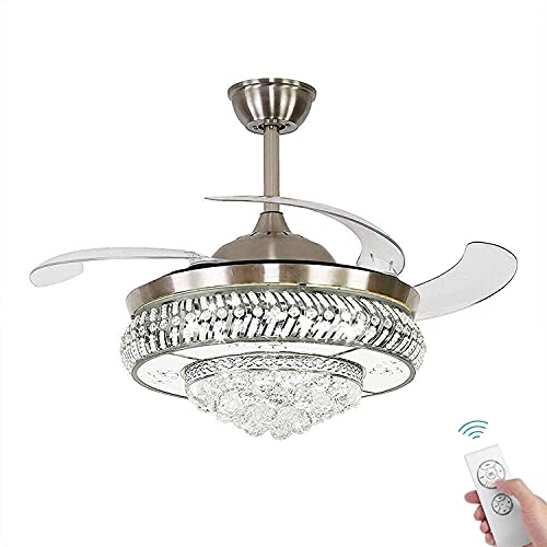 Flash Sale FANSAN Crystal Retractable Ceiling Fan with LED Lights and Remote, Silent Motor, 3 Speeds and 3 Lighting Changes Lighting Fixture, Modern Crystal Chandelier Fan For Indoor Bedroom (42 Inch Silver)