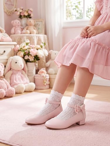 Image of Coutgo Girls Dress Shoes Flower Girl Bow Chunky Heels Closed Toe Ankle Strap Pumps Wedding Party Princess Shoes