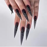 Halloween Press on Nails Long Pointed Fake Nails Brown Stick on Nails with Black Flame Designs Acrylic Nails French Tip Glue on Nails Terror Artificial Nails for Women and Girls 24PCS