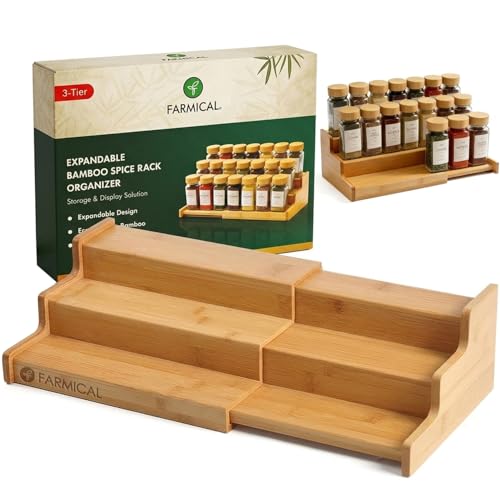Image of Farmical 3-Tier Expandable Wooden Spice Rack Organizer for Kitchen (30-60cm) | Adjustable Step Shelf for Countertop & Cabinets | Multi-Purpose Masala Jar Storage Stand for Pantry & Cupboard