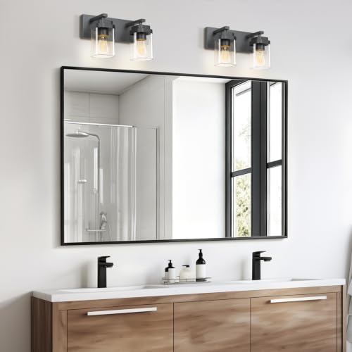 Image of Black Bathroom Light Fixtures, 2 Lights Bathroom Lighting Fixtures Over Mirror, Square Design & Rectangle Large Backplate, Modern Vanity Lighting Fixtures, for Bathroom /Living Room /Bedroom