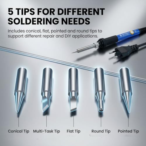 Image of 60W Adjustable Temperature Soldering Iron Kit | 5 Copper Tips | Soldering Stand With Sponge | Solder Wire Flux Paste | Electronics Repair Tool Set | Includes Glue Sticks | Pack of 12