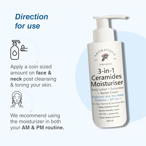 Image of Aromatique 3-in-1 Ceramides Moisturizer | Body Lotion + Sunscreen + Barrier Cream with Hyaluronic Acid, Rice Water, Probiotics & SPF 50++ | For Dry, Normal & Sensitive Skin | 250ml