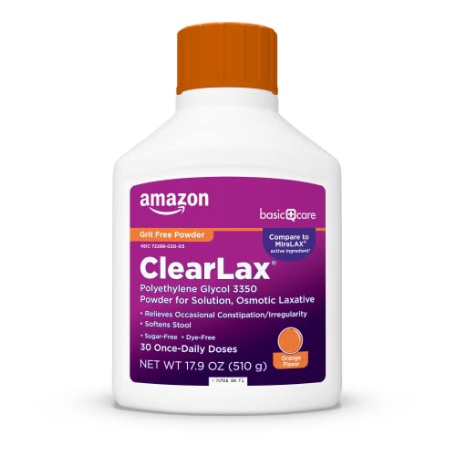 Amazon Basic Care ClearLax Polyethylene Glycol 3350 Powder for Solution Orange Flavor Osmotic Laxative Stool Softener Relieves Occasional Constipation 1.11 pound (Pack of 1)