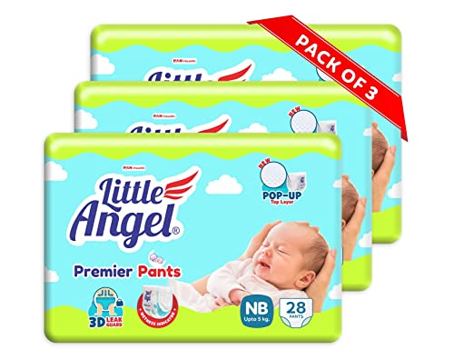 Image of Little Angel Premier Pants Baby Diaper, New Born (NB /XS) Size, 84 Count, Cottony Soft Material, Wetness Indicator, Breathable Layer, Stretchable Sides, up to 5 kgs (28 count /pack, Pack of 3)