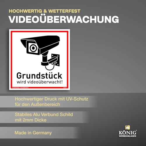 Schild Grundstück wird videoüberwacht! | Alu 20 x 20 cm | stabiles Alu Schild mit UV-Schutz | weiß | Videoüberwachung Kameraüberwachung Kameraüberwacht | Dreifke®