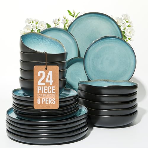 Image of 24 Pieces Dinnerware Set for 6 with Pasta Bowls, Complete Ceramic Dish Set, Stackable & Glossy Stoneware Plate and Bowl Set for Effortless Everyday Hosting, Green Black