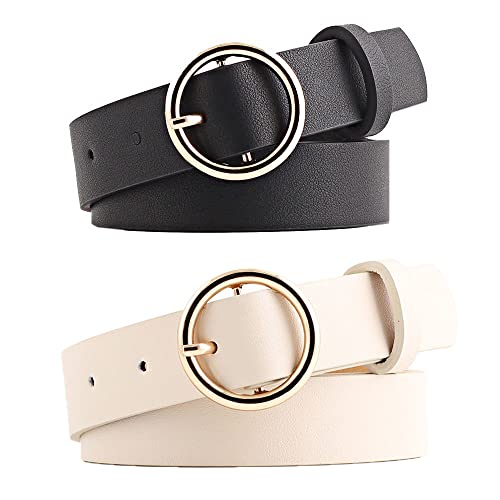 2 Piezas Cinturón de Cuero para Mujer, Cinturones de Cuero de Moda, Cinturones de Mujer, Cinturon Negro Mujer, PU Cuero Durable Ajustable Cinturón de Cuero para Pantalones, Falda (Blanco, Negro)